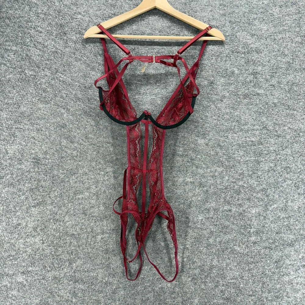 Roma Embellished Lace Bodysuit Women L Large Red Underwired Sheer Hook & Eye